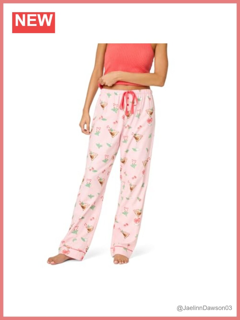 Cotton Flannel Pajama Pants Martini Print Drawstring Relaxed Fit